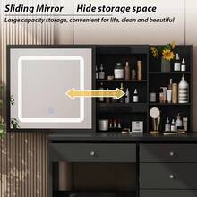 Vanity Dressing Table With Adjustable LED Lighting, Makeup Dressing Table With 5 Drawers And 3 Open Shelves, Makeup Table, Adjustable Illuminated Touchscreen Mirror - Negro-Izquierda - 查看 4
