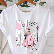 Creative Print T-Shirt, Casual Short Sleeve Round Neck Top For Spring And Summer - Black - View 2
