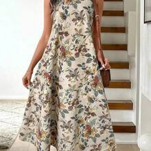 LUNE Vestido midi casual y elegante de cuello redondo, sin mangas, con bajo acampanado y estampado floral retro - Multicolor - Ver 8