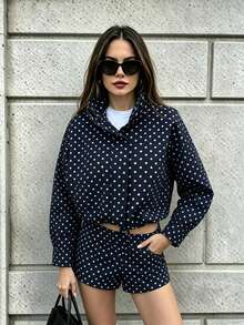 Chaqueta corta de lunares para mujer, top de manga larga de moda, chaqueta de cuello alto con cordón - Azul Marino - Ver 1