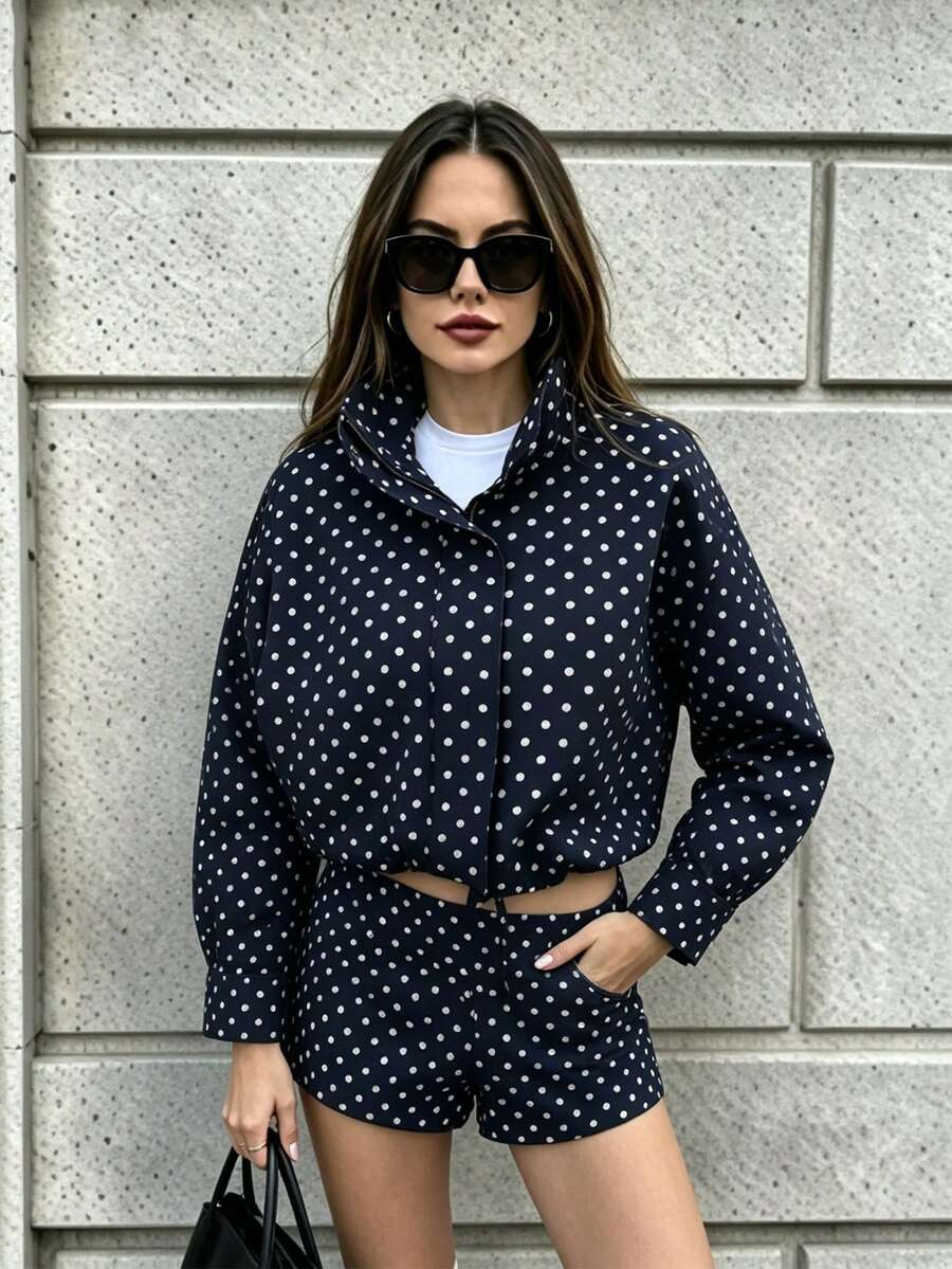 Chaqueta corta de lunares para mujer, top de manga larga de moda, chaqueta de cuello alto con cordón - Azul Marino - Ver 1