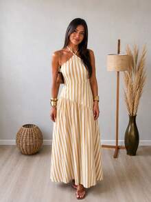 Long Striped Viscose Dress For Parties, Events, And Everyday Wear - Mustard Yellow - View 2