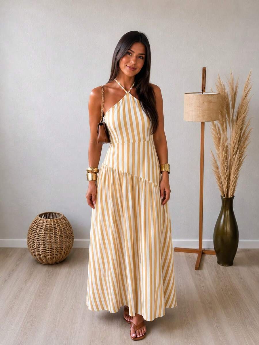 Long Striped Viscose Dress For Parties, Events, And Everyday Wear - Mostaza Amarilla - Ver 1
