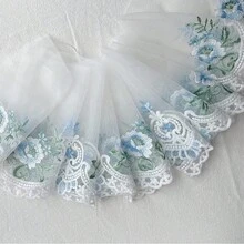 2碼白色網紗粉色/藍色花卉刺繡蕾絲飾邊，裙擺延伸配件，洋裝領口DIY裝飾材料 - 蕾絲刺繡蕾絲 - 查看 7