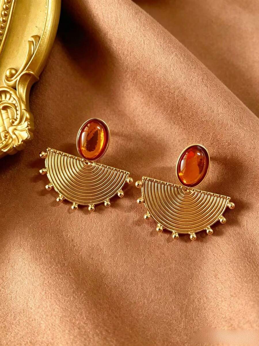 1 Pasang Anting-Anting Besar Bergaya Retro Mewah Elegan dengan Motif Geometris Berlebihan Berbentuk Kipas, Terbuat dari Resin Hijau dengan Hiasan Resin Hijau dan Pengerjaan Berat yang Dapat Dipersonalisasi - Coklat - View 1