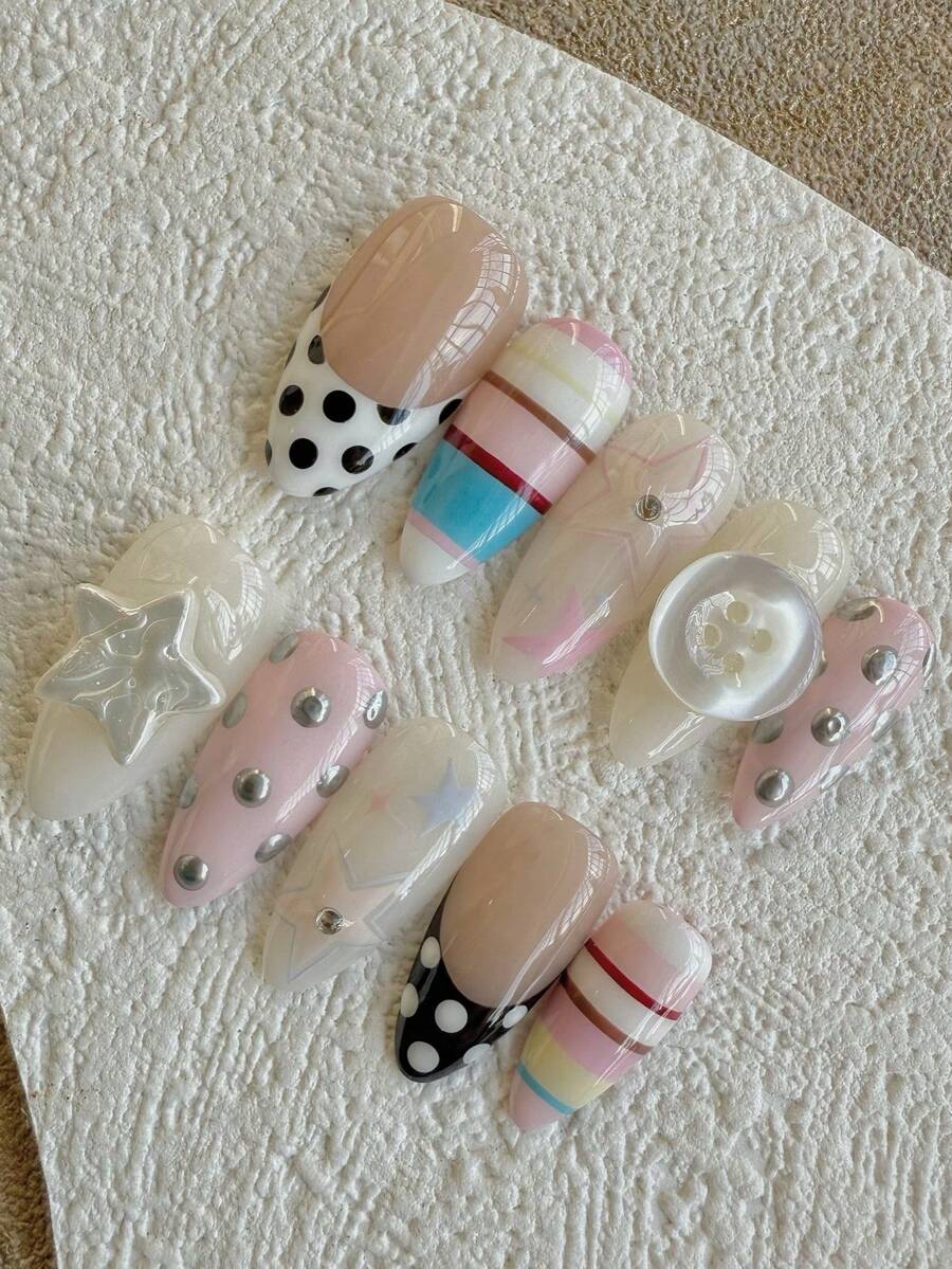 10 unhas postiças artesanais mais vendidas, estilo Y2K doce, formato ...