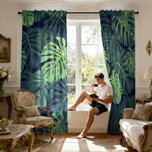 2pcs Polyester Tropical Palm Leaf Print Light Filtering Curtains, Suitable For Bedroom, Living Room, Office And Home Decor, Rod Pocket Design, Suitable For Rod Mounting - Multicolor - View 5