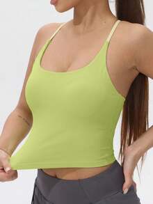 Sujetador deportivo acolchado fijo para mujer, top de yoga elástico con bloques de color - verde fluorescente - Ver 6