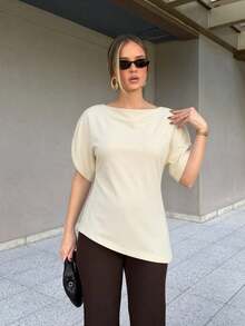 2026 Spring Women's Fashion Asymmetric Puff Sleeve Fitted Cropped Top, Round Neck Zipper Back Design, Street Style Summer - Apricot - View 5