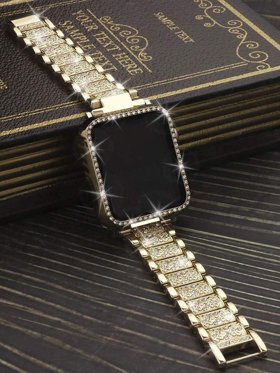 2pcs Gold Compatible Watch Band And Case 38/40/41/42/44/45/46/49/S10-42 Mm, Featuring Shiny Rhinestone Inlaid Metal Band And Shock-Resistant Hard PC Case, Single Row Diamond Inlaid On Case. Compatible With Series Ultra/11/10/9/8/7/6/5/4/3/SE. Women's Fashion Shiny Watch Case Set, Suitable For Daily Gifts - Gold - View 1