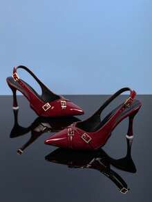 1 paire de sandales à talons hauts pour femmes couleur vin rouge, tissu de couleur unie, décoration de boucle métallique croisée, design de sangle de talon arrière, bout pointu, talon aiguille, sandales compensées élégantes, convient pour les fêtes, le shopping, les voyages, les vacances, le port en extérieur, nouveau style d'été - Rouge foncé - Voir 6