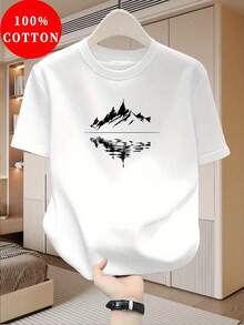 Camiseta de Hombre% Algodón con Estampado de Paisaje, Diseño Casual de Cuello Redondo para Ropa Urbana de Verano - Negro - Ver 10