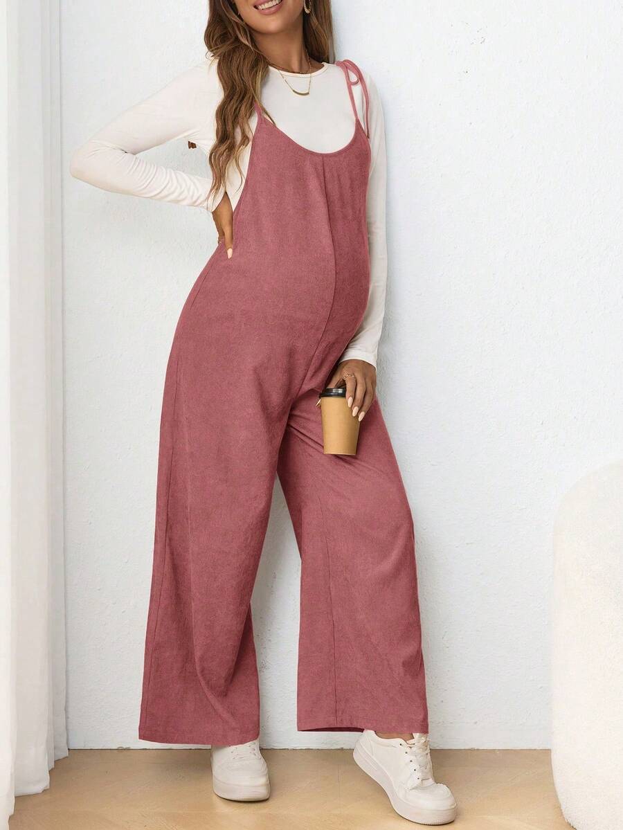 Mono largo ajustado con tirantes finos y lazo para mujeres embarazadas, de estilo casual - Rosa vieja - Ver 1