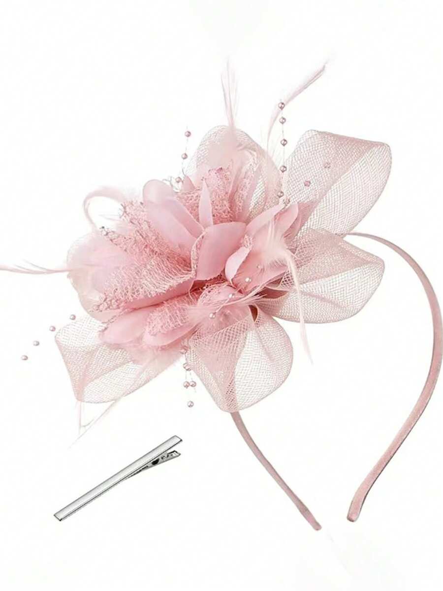 1 pièce Accessoire de tête élégant pour femme - Pince à cheveux style 1950s/60s avec ruban en maille florale, fascinateur décoratif vintage convenant pour les goûters élégants, le Kentucky Derby, les mariages et autres occasions formelles, bandeau pour cheveux - Vieux Rose - Voir 1