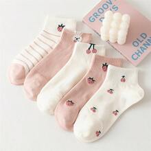 5/10 Pairs Women's Short Socks, Cute Pink Cherry Strawberry Rabbit Pattern, Comfortable Breathable Casual Street Style Design, Suitable For All Seasons - Multicolor - View 2
