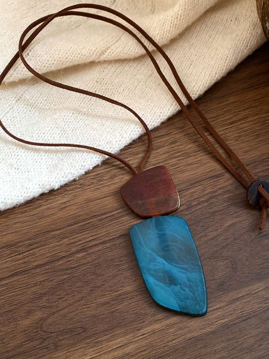 1pc Bohemian Style Women's Long Pendant Adjustable Necklace, Vintage, Niche, High-End Geometric Asymmetrical Sweater Chain Accessory - Blue - View 1