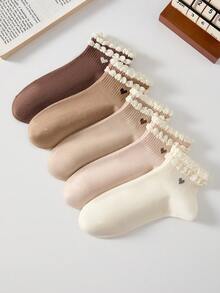 5 Pairs White Heart Pattern Ruffle Short Socks, Breathable And Fashionable, Suitable For All Seasons, Perfect For Sports And Casual Wear - Multicolor - View 13
