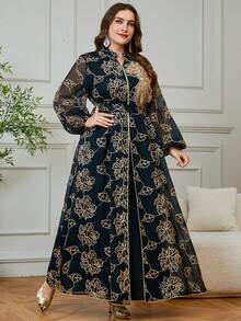 Women's Plus Size Beaded Applique 2 Pieces Long Abaya Dress Black Fall - Black - View 4