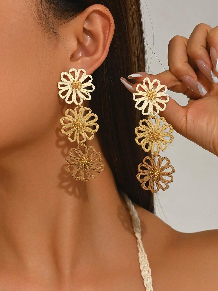 1 par de pendientes largos de flor de margarita con colgante, tejidos a mano en rafia, huecos y multicapa, estilo estético, fresco, de moda y personalizado, diseño exagerado, dulce y colorido, adecuados para uso diario, banquetes y vacaciones de mujeres - curry blanco - Ver 1