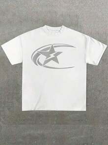 New Hot SellingTalla grande Hombre, Camiseta estampada con estrellas Y2k (1 pieza) 100% algodón, Camiseta casual estampada, Cuello redondo, Manga corta, Camiseta de algodón de 220g, Para reg - Blanco - Ver 1
