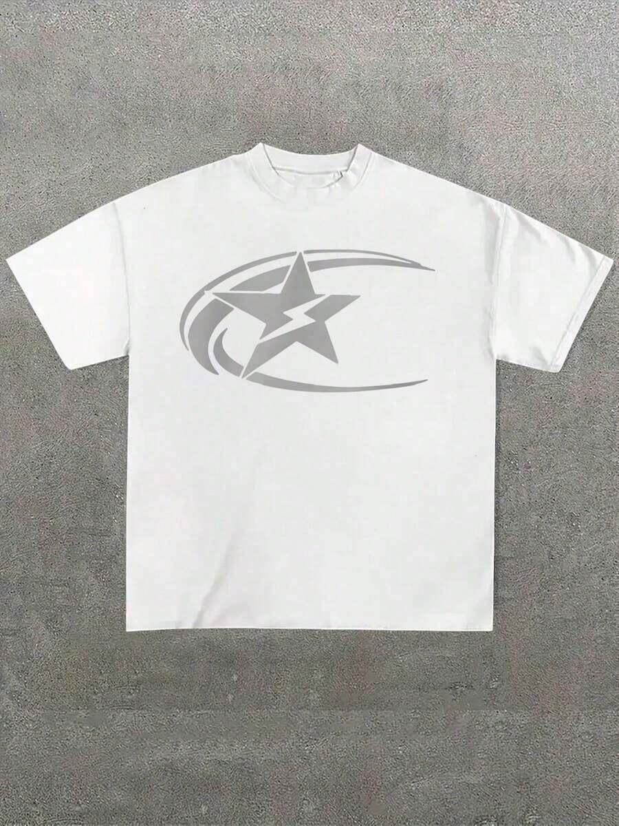 New Hot SellingTalla grande Hombre, Camiseta estampada con estrellas Y2k (1 pieza) 100% algodón, Camiseta casual estampada, Cuello redondo, Manga corta, Camiseta de algodón de 220g, Para reg - Blanco - Ver 1