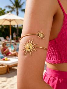 1pc Elegant Simple Dual-Layer Rhinestone & Metal Arm Cuff, Fashion Jewelry For Women, Vacation, Party, Beach - Yellow Gold - View 8