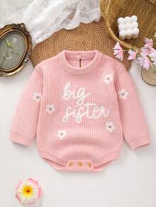 Baby Girl Soft Cute Big Sister Letter + Small Flower Embroidery Knit Romper - Pink - View 1