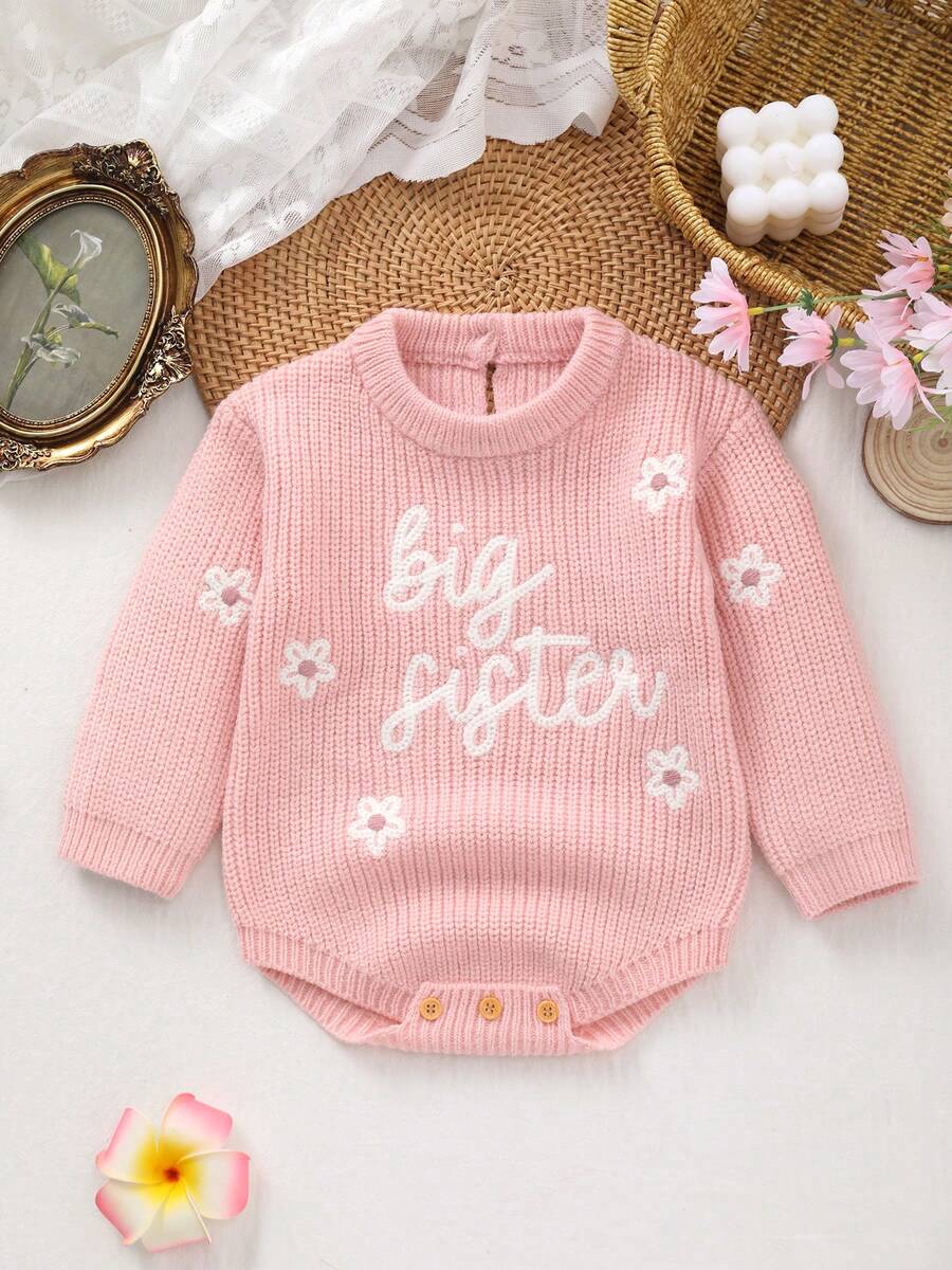 Baby Girl Soft Cute Big Sister Letter + Small Flower Embroidery Knit Romper - Pink - View 1