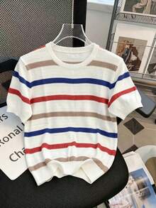 Summer Fashion Hollow Striped Contrast Color Short Sleeve T-Shirt, Casual Loose Knit Top White - White - View 1