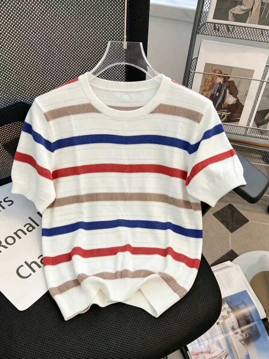 Summer Fashion Hollow Striped Contrast Color Short Sleeve T-Shirt, Casual Loose Knit Top White - White - View 1