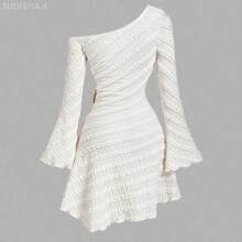 Fengyu Women's Clothing Store  Vestido de mujer con manga acampanada y hombro asimétrico en jacquard - Albaricoque - Ver 3