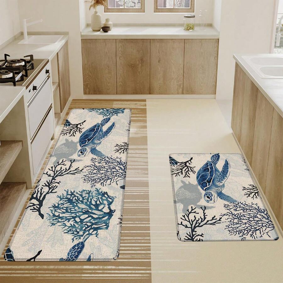 1pc Turtle Linen Rubber Kitchen Mat, Bathroom Non-Slip Pad, Door Mat And 2D Printed Rectangular Rug, Suitable For Living Room, Bedroom, Hallway, Bathroom And Laundry Room, Suitable For Indoor And Outdoor Home Decor - Multicolor - View 1