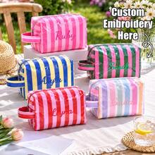 Bolsa de maquillaje a rayas personalizada con asa, organizador de cosméticos de gran capacidad, bolsa de almacenamiento de artículos de tocador, bolsa de viaje con cierre de cremallera, para uso diario, regalo de cumpleaños - Multicolor - Ver 2