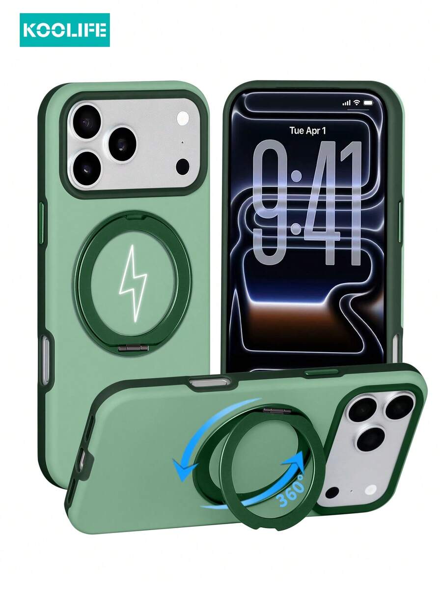 KOOLIFE 1pc 360° Rotatable Magnetic Stand Phone Case, Matte Green Bicolor Design, MagSafe Compatible, Anti-Fall PC+TPU Protective Cover, Multi-Angle View Case Compatible With Apple 17/17pro/17promax - Green - View 1