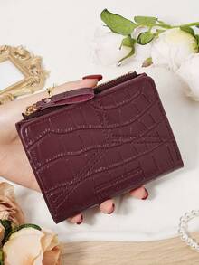 Burgundy Zip Wallet Compact 2-Fold Purse With Multiple Card Slots Coin Cash Compartment Unisex Daily Use Travel Gifting Card Holder,Clutch Bag Elegant - Burgundy - View 12