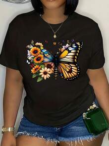 Camiseta de talla grande con estampado de mariposas, camiseta casual de manga corta con cuello redondo, ropa de talla grande para mujer - Negro - Ver 2