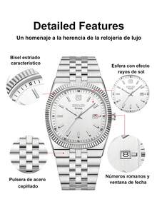 REWARD Men's Quartz Watch Business Fashion Style Calendar Display Luminous Hands Multi-Function Wristwatch High Quality Gift Classic Design Stainless Steel Band - Silver - View 3