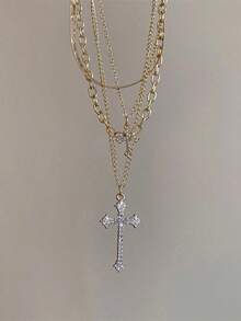 Rhinestone Cross Pendant Multi-Layer Necklace Choker Chain Personalized Versatile Neck Accessory, Stainless Steel Jewelry, Women's Necklace, Y2k - Geometry - View 8