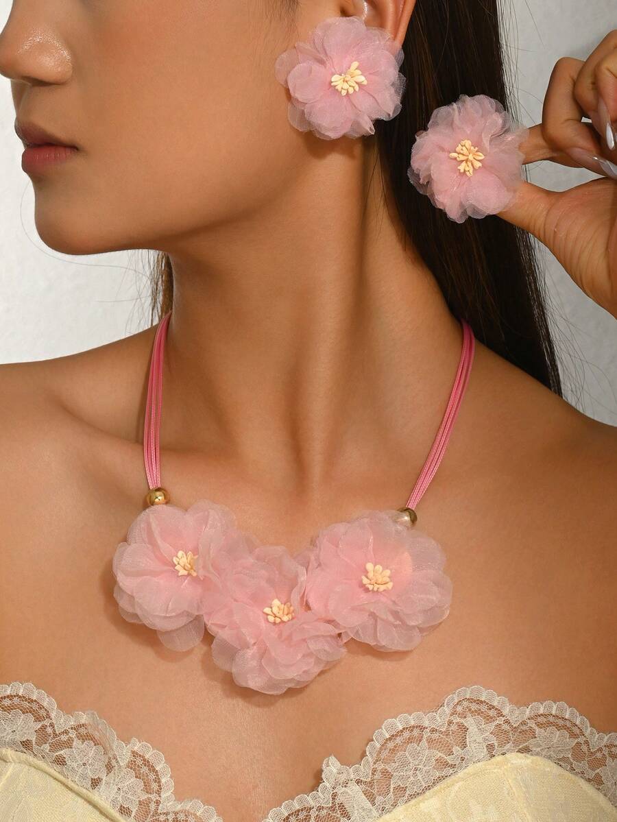 1 Set 3pcs Collar Babero y Pendientes de Flor Rosa Hechos a Mano Frescos Dulces Elegantes, Conjunto de Joyas Bohemio Vintage Moda Clásica Dopamina Collar de Clavícula Floral y Pendientes de Flor para Mujer, Adecuado para Uso Diario, Vacaciones, Fiesta, Temporada de Bodas Novia, Dama de Honor, Regalo, Festival de Música - Rosa - Ver 1