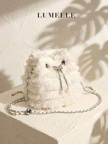 Cream Tulle Ruffle Bucket Bag, Faux Pearl Drawstring Chain Crossbody Bag, 2025 Ballet Fairy Style Women's Teen Handbag, Suitable For Bride/Date/S - Apricot - View 1