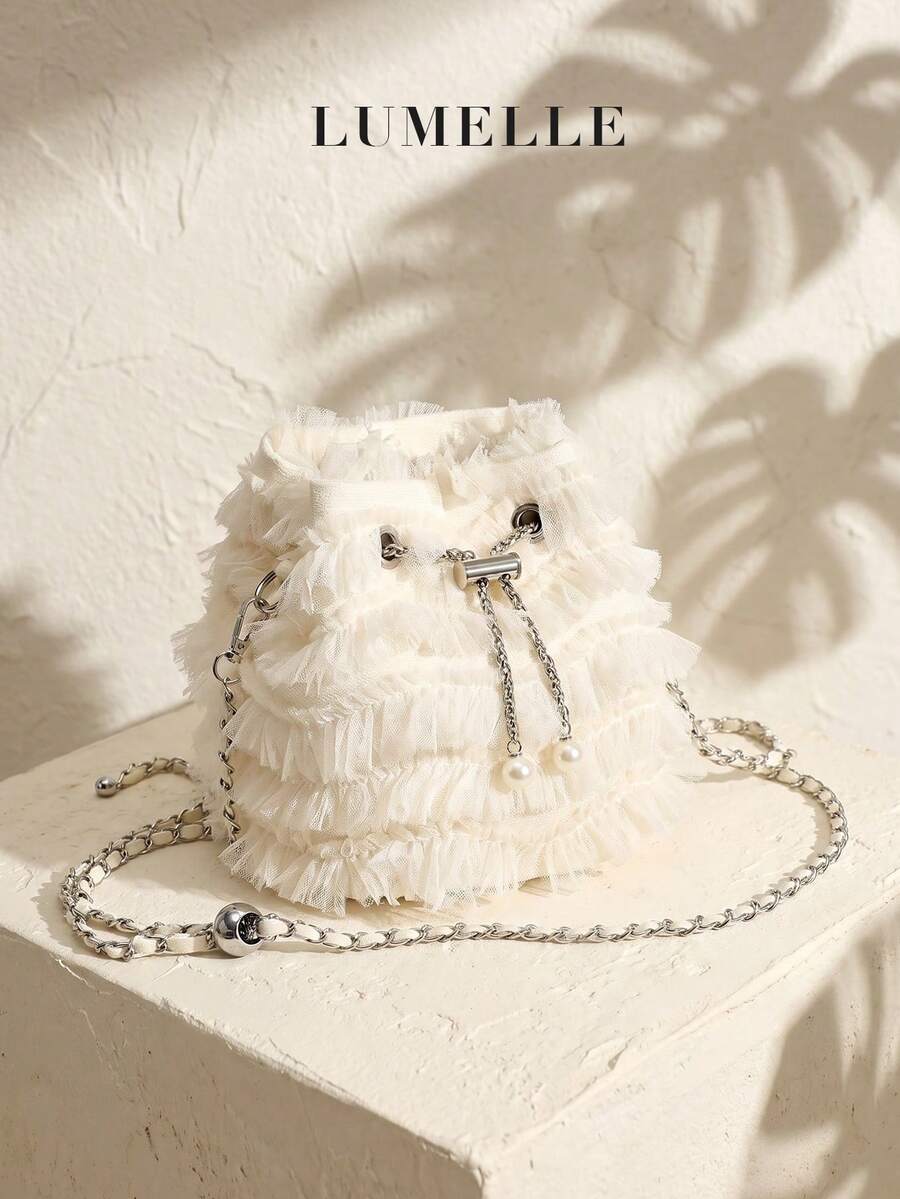 Cream Tulle Ruffle Bucket Bag, Faux Pearl Drawstring Chain Crossbody Bag, 2025 Ballet Fairy Style Women's Teen Handbag, Suitable For Bride/Date/S - Apricot - View 1