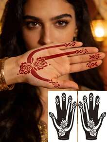 2pcs Palm Center Lotus, Leaf And Crescent Moon Pattern Tattoo Stencils - Exquisite Hollow Elegant Texture, Reusable, Suitable For DIY Personalized Temporary Tattoos, Parties And Daily Decoration, Easily Create Fresh Tattoo Effects - Black - View 12