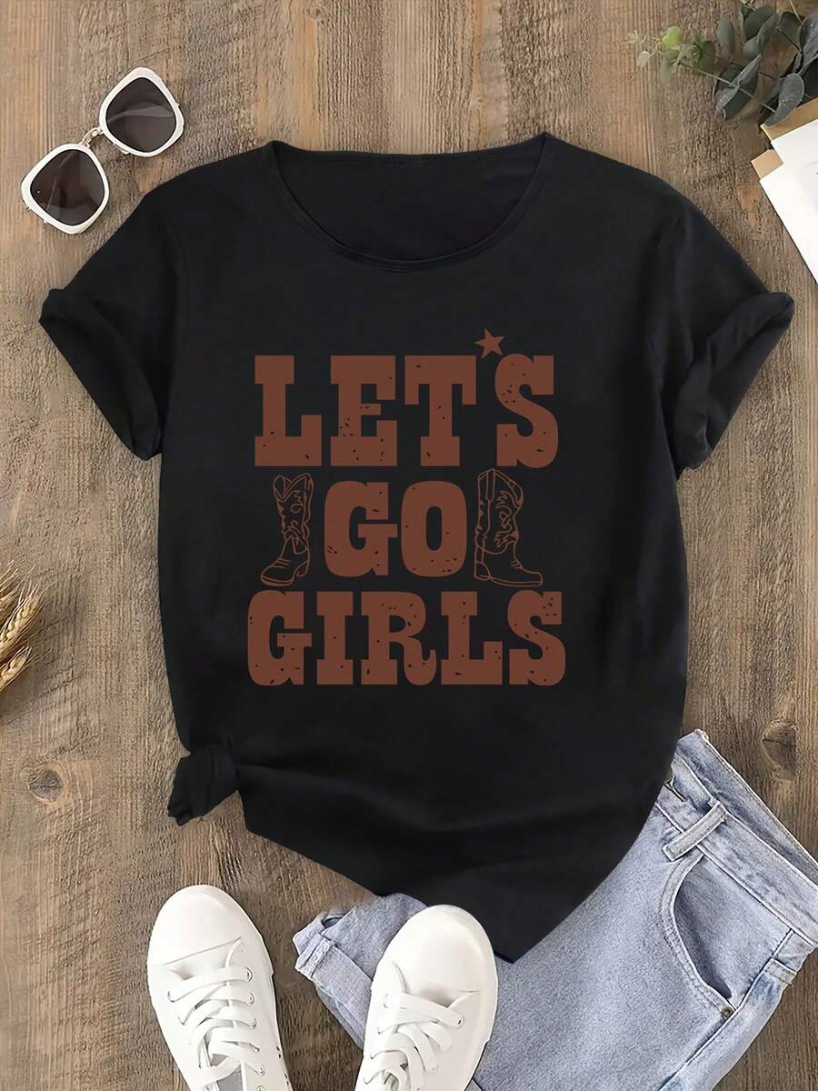 Camiseta "Let's go line boots". Estampado de letras. - Negro - Ver 1