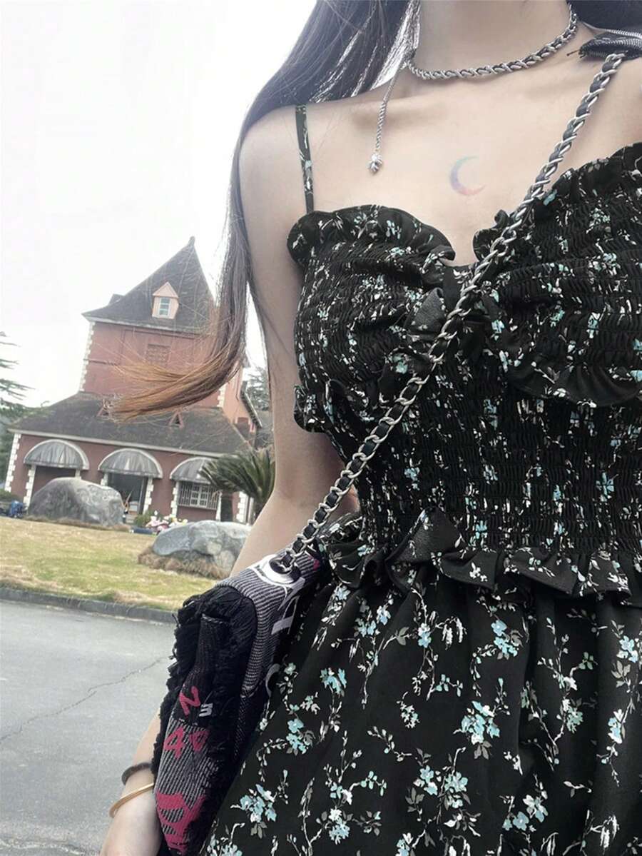 女款花卉波西米亞風優雅可愛荷葉邊分層休閒晚宴約會中長洋裝 度假夏季 - 藍色 - 查看 1