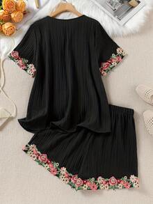 Conjunto de Manga Corta con Bordado Floral y Cintura Elástica en Talla Grande, Estampado Color Block y Shorts Bordados - Rojo oscuro-A - Ver 10