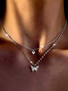 Light Luxury Double Layer Stacked Necklace, Rhinestone Butterfly Heart Pendant, Versatile Niche Commuter Style, Suitable For Teenagers - Gold - View 2