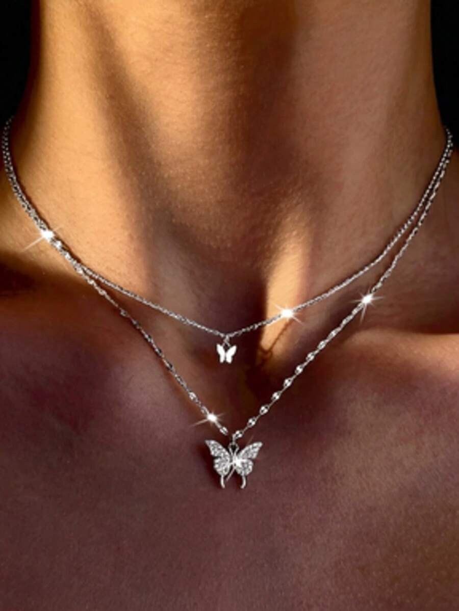 Light Luxury Double Layer Stacked Necklace, Rhinestone Butterfly Heart Pendant, Versatile Niche Commuter Style, Suitable For Teenagers