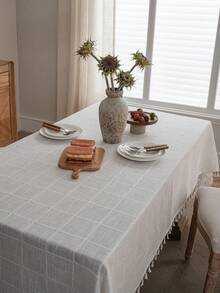 Bubaba Farmhouse Textured Plaid Tassel Tablecloth, Linen-Feel Rectangular Dining Table Cover, French Country Kitchen And Dining Room Decor - Multicolor - View 6