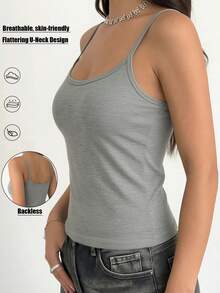 1pc BASICS Women's Casual Minimalist U-Neck Ribbed Tank Top, Fitted Sleeveless Solid Color Top, Comfortable All Day - Grey - View 1