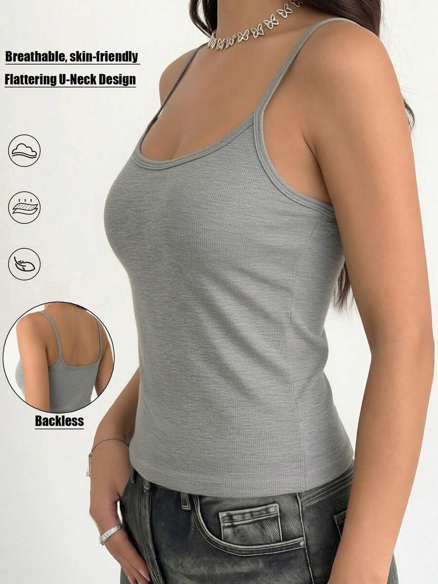 1pc BASICS Women's Casual Minimalist U-Neck Ribbed Tank Top, Fitted Sleeveless Solid Color Top, Comfortable All Day - Grey - View 1